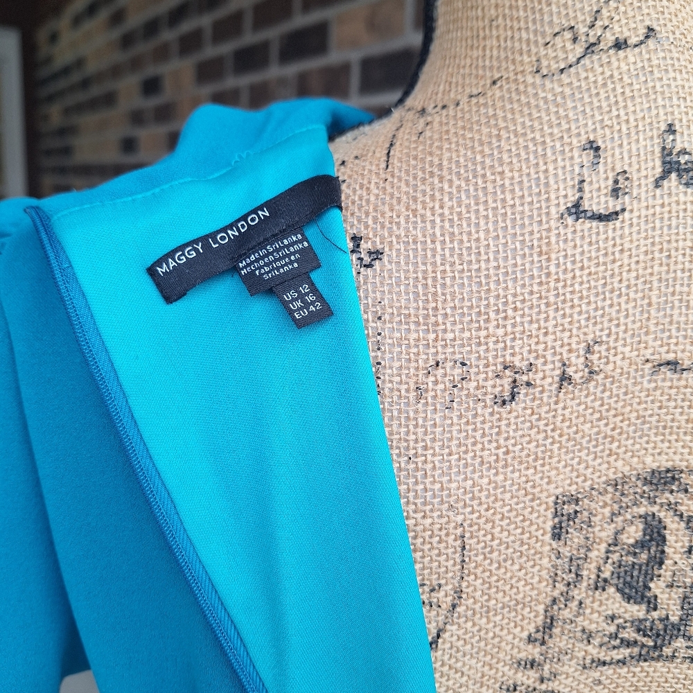 Maggy London Tie Neck Teal Dress - Picture 11 of 14